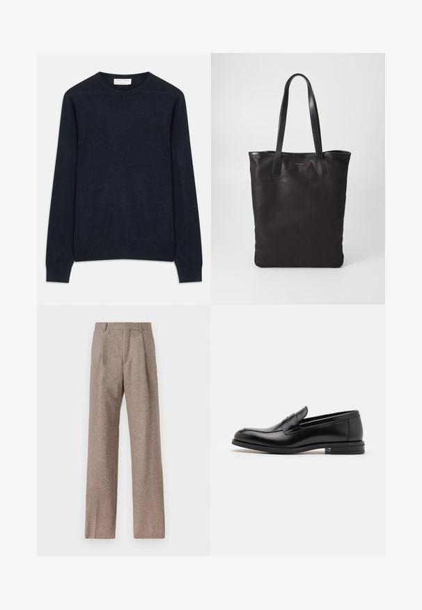 Námornícky modré pulóver s okrúhlym výstrihom z mäkkej tkaniny. Obsahuje dlhé rukávy a ribovanú manžetu a spodný lem. Jednoduchá, jednofarebná sálňa bez vzorov.; Hnedé, vysoké nohavice vyrobené z texturovanej látky. Majú široké nohavice a dva predné záhyby pre štruktúru. Úhľadné spracovanie bez viditeľného kovania.; Čierne kožené mokasíny s hladkou textúrou, zaoblenou špičkou a dekoračným pásikom cez priehlavok. Nízky vrstvený opätok, minimalistický dizajn.; Čierna plátená taška s čiernymi koženými ušami. Jednoduchý dizajn, priestranné telo a hladká textúra. Žiadne viditeľné logo ani vzory.