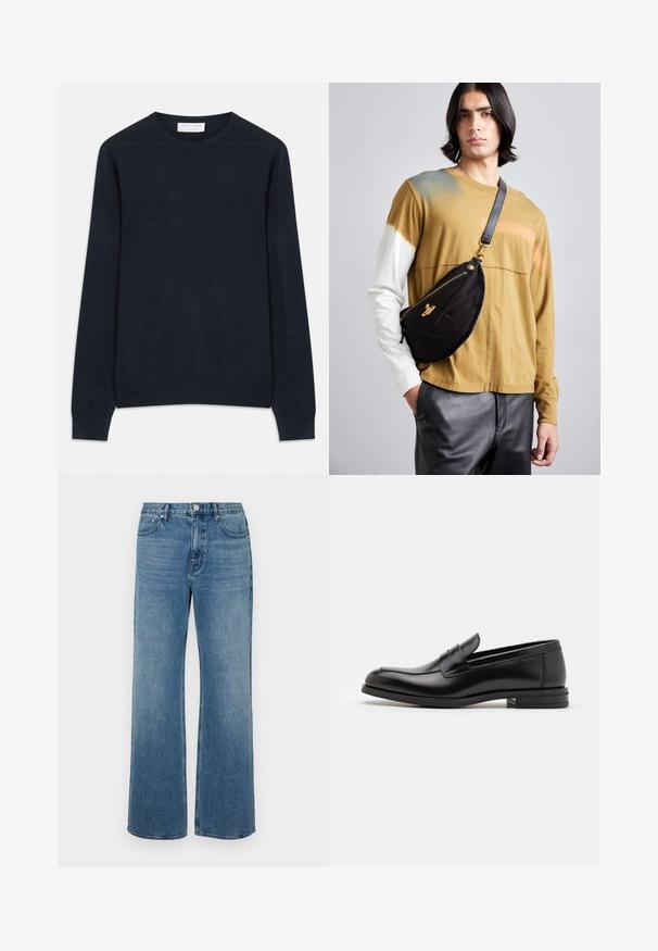 Tumedat sinise värvi ümar kaelusega sviiter, mis on valmistatud pehmest kangast. Omab pikki varrukaid ning soonikse mitu. Lihtne, ühevärviline ilma mustriteta.; Laiad sinised teksad, mis on valmistatud denimist ja millel on kulunud viimistlus. Omab viit taskut, ees nööpidega kinnitust ja sirget lõiget.; Mustad mustad nahast loafers sileda tekstuuriga, ümarat ninaosa ja dekoratiivne riba vampi üle. Madal kihiline konts, minimalistlik disain.; Vivienne Westwood CITY BUMBAG UNISEX - Puusakott - black