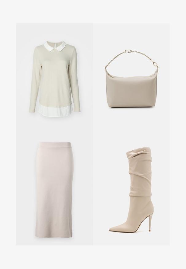 ONLY ONLELCOS SOFT - Jersey de punto - pumice stone/white; Falda lápiz de punto en un color beige claro, con una pretina acanalada, ajuste slim y una abertura lateral para mayor facilidad de movimiento. Textura suave, diseño minimalista.; Botín de tacón alto beige hecho de cuero liso con un diseño holgado, punta afilada y un delgado tacón de aguja. Detalle dorado en la parte trasera.; Bolso de mano de cuero beige con una textura suave, forma rectangular, parte superior con cremallera y una correa de cadena dorada. Diseño minimalista y color neutro.; Pendientes de gota plateados con múltiples rhinestones transparentes, con un diseño en cascada y superficies texturizadas, sobre un fondo neutro.