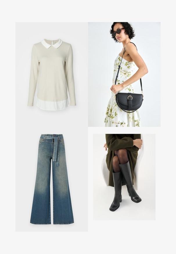 ONLY ONLELCOS SOFT - Pullover - pumice stone/white; Pantalons en denim à jambe large présentant un dégradé de bleu clair à bleu foncé, taille haute, passants de ceinture et une ceinture en tissu assortie. Finition en denim texturé.; Bottes en cuir noires arrivant au genou, avec un bout carré et un talon carré, présentées sur un modèle assis dans un manteau vert olive. Texture lisse, détails minimaux.; Sac à main en cuir noir avec une forme courbée, bandoulière amovible et des accessoires en or. Le sac est doté d'un rabat avec un détail de boucle.
