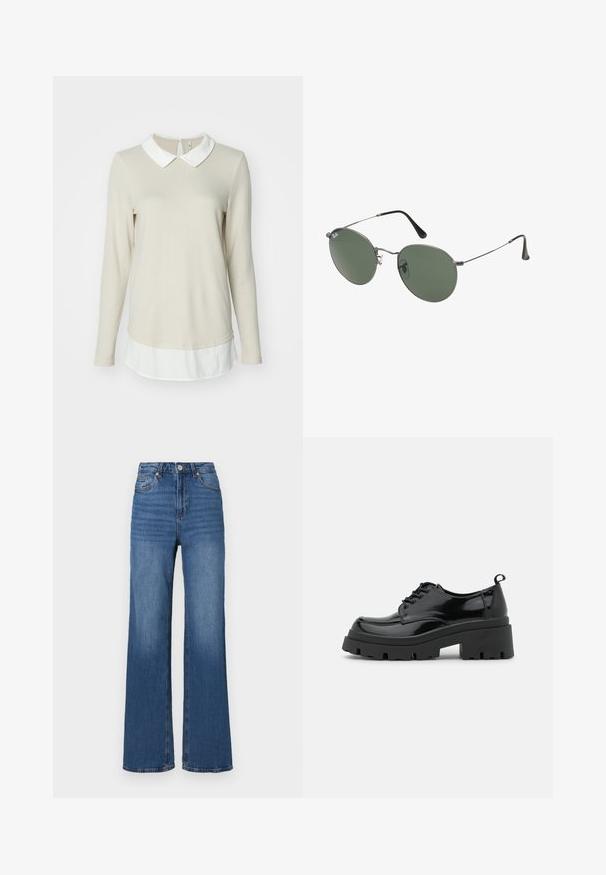 ONLY ONLELCOS SOFT - Strickpullover - pumice stone/white; Hoch taillierte, weit geschnittene blaue Jeans aus Denim, mit einem klassischen Fünf-Taschen-Design und subtilen Ausbleichungen entlang der Beine.; Schwarze Lacklederschuhe mit einer klobigen Plateau-Sohle und dicken Schnürsenkeln. Abgerundete Zehenpartie, minimale Details und eine kleine Fersenschlaufe auf der Rückseite.; Metallgestellte Sonnenbrille mit ovalen grünen Gläsern. Dünner silberner Metallrahmen und schwarze Ohrstücke. Minimalistisches Design, keine sichtbaren Logos.