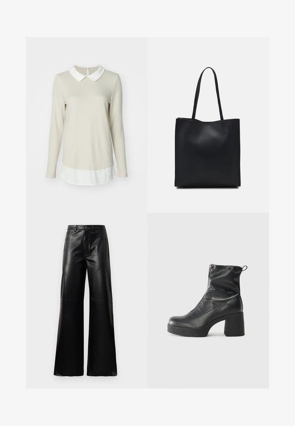 ONLY ONLELCOS SOFT - Maglione - pumice stone/white; Pantaloni ampi a vita alta in ecopelle neri con bottone frontale, chiusura con zip, passanti per cintura e tasche laterali su sfondo bianco.; Stivali neri alla caviglia in pelle liscia, con zip laterale, tacco spesso e texture, e punta arrotondata.; Borsa tote in pelle nera con texture liscia, forma rettangolare e due manici lunghi. Nessun hardware o decorazione visibile.