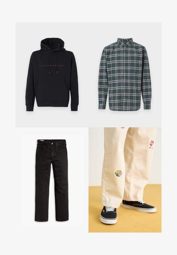 Melnas kapuces sporta krekls ar priekšējo kabatu un oranžu tekstu "JACK & JONES", kas izvietots centrā uz krūšu daļas, izlikts uz balta fona.; Zaļš flaneļa krekls ar ietērpu, kurā ir zila, balta un sinepju dzeltena krāsa. Ar pogām aizdaram un uzgaļotām apkaklēm. Garas piedurknes.; Melnas taisnās kājas džinsu bikses ar piecām kabatām, pogu aizdari un jostas cilpām, izliktas uz balta fona.; Beige kokvilnas bikses ar rotaļīgiem izšūtiem dizainiem, tostarp rozā raksturs un krāsains bloks, saskaņotas ar melniem kurpēm ar auklām.