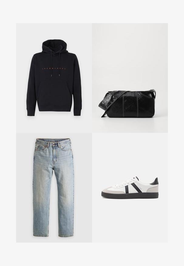 Sweatshirt à capuche noire avec poche kangourou à l'avant et texte orange "JACK & JONES" centré sur la poitrine, à plat sur fond blanc.; Jean en denim bleu clair à taille haute, avec bouton avant, fermeture éclair et design à cinq poches, posé à plat sur un fond neutre.; Baskets blanches avec des accents noirs et gris, présentant un embout texturé gris, une semelle en caoutchouc noir et des lacets plats blancs. Design épuré, style minimaliste.; Sac à épaule en cuir noir avec une fermeture éclair, doté d'un corps texturé, de coutures blanches et d'une sangle avec des œillets en argent.