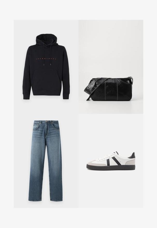 Felpa nera con cappuccio, tasca frontale e testo arancione "JACK & JONES" centrato sul petto, disposta in piano su sfondo bianco.; Jeans in denim blu a gamba dritta con un lavaggio sbiadito, dotati di cinque tasche, bottone in metallo e passanti per cintura. Tessuto strutturato di peso medio.; Sneaker bianco con accenti neri e grigi, dotata di una punta grigia testurizzata, suola in gomma nera e lacci bianchi piatti. Design pulito, stile minimalista.; Borsa a spalla in pelle nera con chiusura a zip, caratterizzata da un corpo testurizzato, cuciture bianche e una tracolla con occhielli in argento.