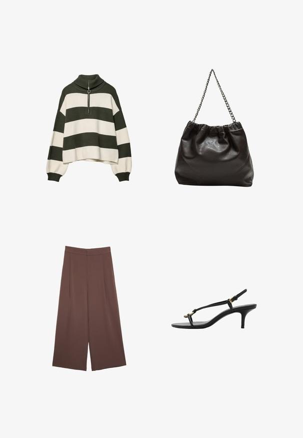 Pletený svetr s vysokým límcem, s olivově zelenými a krémovými vodorovnými pruhy. Zahrnuje stříbrný zip v oblasti krku.; Hnědé široké kalhoty s hladkou texturou, vysokým pasem a předními záhyby. Materiál je lehký a volně splývá.; Černé kožené sandály na kotníkovém podpatku s tenkými pásky, zlatou sponou a minimalistickým provlečením na prstech na bílém pozadí.; Hnědá kožená taška se sbíraným vrškem a řetízkovým popruhem. Hladký povrch s lesklým finišem a jemným švem na bocích.