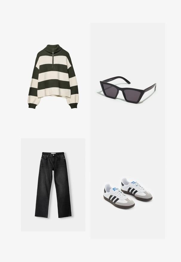 Pletený svetr s vysokým límcem, s olivově zelenými a krémovými vodorovnými pruhy. Zahrnuje stříbrný zip v oblasti krku.; Bershka Džíny Straight Fit - mottled dark grey; Sportovní boty s bílým koženým svrškem, šedou semišovou špičkou a třemi černými pruhy. Obsahují modré logo na jazyku a texturovanou gumovou podrážku.; Černé, ostré sluneční brýle s šedými skly; vyrobené z plastu, s mohutnými rameny a hladkým povrchem bez viditelného hardwaru.