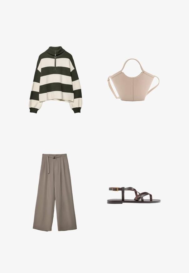 Gebreide trui met een hoge kraag, voorzien van olijfgroene en crème horizontale strepen. Inclusief een zilveren ritssluiting bij de hals.; Wijd nietenbroeken van een zachte, gedempte grijze stof, met een ceintuur in de taille en plooien voor extra ontwerpelementen. Gladde textuur, geen patronen.; Bruine leren sandaal met kruisingen van banden, een enkelgesp-sluiting en een platte zool met minimale stikdetails.; Beige leren handtas met een unieke vorm, voorzien van twee korte handvatten en een lange verstelbare schouderriem. Glad oppervlak met minimale hardware.