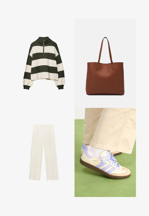 Strickpullover mit hohem Kragen, der olivgrüne und cremefarbene horizontale Streifen aufweist. Enthält ein silbernes Reißverschlussdetail am Hals.; Weit geschnittene Hosen in einem hellen cremefarbenen Farbton. Hergestellt aus einem glatten Stoff mit Falten an der Vorderseite und seitlichen Taschen.; Cremefarbene und lavendelfarbene Sneakers mit drei Streifen und einer strukturierten braunen Sohle, ausgestattet mit Schnürsenkeln und einer gepolsterten Ferse. Obermaterial aus weichem Stoff.; Braune Leder-Tote mit glatter Textur, offenem Oberteil und zwei Schulterriemen. Verfügt über minimale Nähte und keine sichtbaren Beschläge.