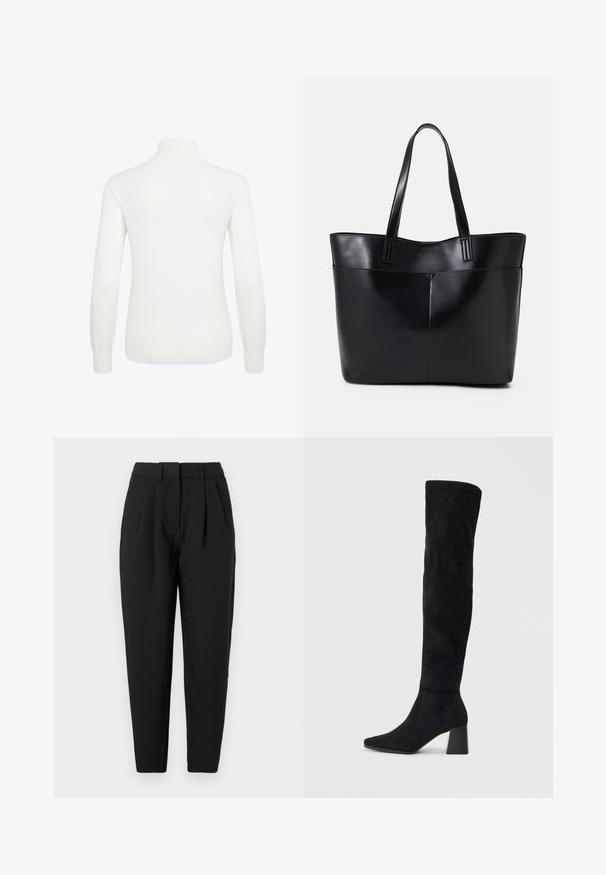 Biely sveter s dlhými rukávmi a vysokým golierom. Má hladkú textúru a rebrované manžety a spodný lem. Pohľad zozadu ukazuje priliehavý strih.; Čierne nohavice so strešným strihom, obsahujúce záhyby vpredu, hladkú textúru a bočné vrecká. Pás je štandardnej výšky.; Čierna semišová kozačka po kolená s blokovým podpätkom, špicatou špičkou a hladkým, bezšvovým dizajnom na jednoduchom svetlom pozadí.; Čierna kožená tote taška s dvoma dlhými rúčkami, hladkým povrchom a štruktúrovaným tvarom. Obsahuje prednú kapsu pre dodatočné uskladnenie.