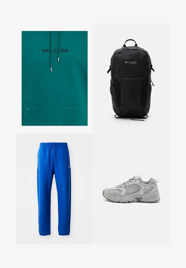 Turkoosi huppari, jossa on etutasku ja kiristysnauhat. Mukana musta "VOLCOM"-logo taskun yläpuolella ja pehmeä, teksturoitu kangas.; Siniset verkkarit, jotka on valmistettu pehmeästä kankaasta. Niissä on joustava vyötärönyöri ja kuminauha, kapenevat lahkeet sekä pieni logodetalji sivussa.; Hopea urheilukenkä, jossa on tyylikäs muotoilu, verkkomaiset paneelit, pehmustettu kieli, teksturoitu synteettinen päällinen ja kumipohja pidon parantamiseksi.; Musta Columbia Titanium -reppu, jossa on sileä kangas, sivutaskut, yläkahva ja säädettävät hihnat. Minimalistinen muotoilu, jossa on huomaamaton brändäys.