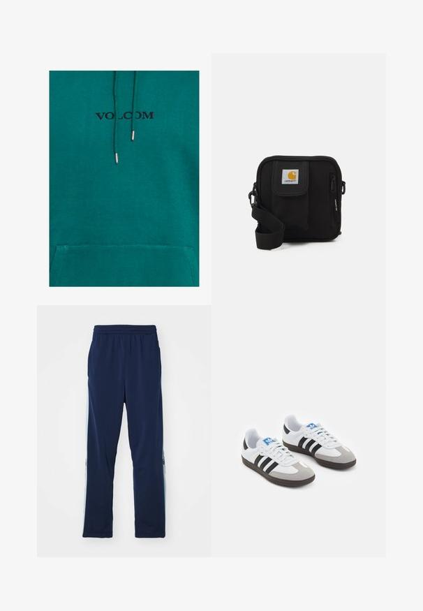 Turquoise hoodie met een voorzak en koordjes. Beschikt over een zwart "VOLCOM"-logo boven de zak en een zachte, gestructureerde stof.; Marineblauwe sportbroek gemaakt van rekbare stof, met een brede elastische tailleband, rechte snit en lichte zijpaneelaccenten met logo's.; Sportschoenen met een witte leren bovenkant, grijze suède neus en drie zwarte strepen. Bevat een blauw logo op de tong en een gestructureerde rubberen zool.; Zwarte schoudertas met een rits hoofdcompartiment, voork pocket, verstelbare strap en een zichtbaar logo op de klep.