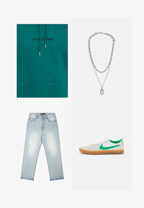Turquoise hoodie with a front pocket and drawstrings. Features black "VOLCOM" logo above the pocket and a soft, textured fabric.; Pegador BARROW - Loose Jeans - sand washed blue; Nike SB HERITAGE VULC UNISEX - Trainers - summit white/lucky green/white/light brown; Silver necklace with two layered chains; features a rectangular pendant with a smooth surface, showcasing a polished metal finish.