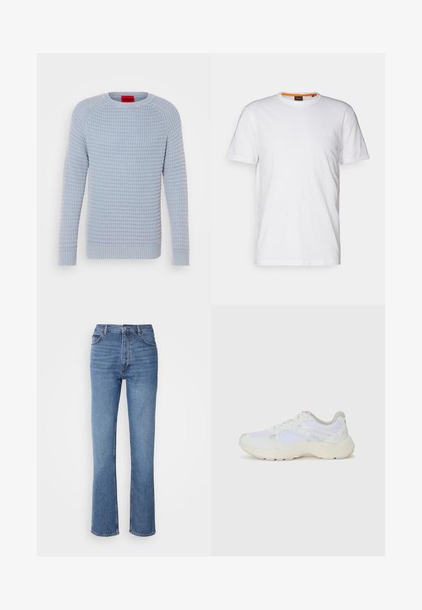 Hellblauer Pullover mit strukturiertem, geripptem Muster, rundem Ausschnitt und langen Ärmeln; die gerippten Bündchen und der Saum sorgen für eine körpernahe Passform.; Weißes Baumwoll-T-Shirt mit Rundhalsausschnitt, kurzen Ärmeln und einem dezenten geprägten Logo auf der Brust. Das Innenschild hat einen orangefarbenen Akzent.; Blaue Denim-Jeans mit hoher Taille, geradem Bein und dezenter Ausbleichung. Verfügt über einen klassischen Fünf-Taschen-Stil und einen Reißverschluss.; Weiße Sportschuhe aus Mesh und Wildleder, mit einer strukturierten Zwischensohle, strukturierten Akzenten und dem "HUGO"-Logo an der Seite.