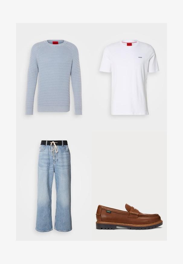 Maglione azzurro chiaro con un motivo testurizzato a coste, colletto tondo e maniche lunghe; le coste sui polsini e sull'orlo creano una vestibilità aderente.; T-shirt bianco in cotone con maniche corte, scollatura rotonda e piccolo logo nero "HUGO" sul lato sinistro del petto. Presenta un'etichetta interna rossa.; Jeans blu chiaro a gamba larga con vita elastica nera, dotati di chiusura con coulisse e design classico a cinque tasche.; Mocassino in pelle marrone con cuciture decorative e punta testurizzata. La suola presenta un design robusto, che offre trazione e durata.