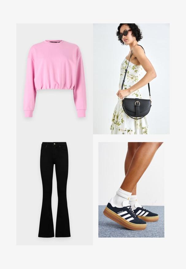 Rózsaszín, cropped pulóver hosszú ujjakkal, kerek nyakkal és elasztikus hemzseléssel. Simább textúra, laza dizájn, amely rétegezett öltözetekhez alkalmas.; Fekete, magas derekú farmernadrág gomb- és cipzárzárral, elülső zsebekkel és harangszárral, laposan egy fehér háttérre terítve.; Fekete velúr sportcipő fehér csíkokkal és díszítésekkel, lekerekített orral, gumitalpú külső résszel, fehér bordázott bokazoknival párosítva.; Fekete bőrtáska ívelt formával, levehető pánttal és arany színű fémrészekkel. A táskán egy csattal díszített fedél található.