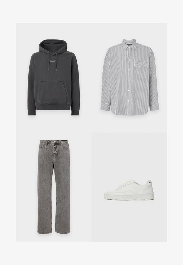 Šedá mikina s kapucí z měkké tkaniny, s přední kapsou, kapucou na stažení a bílým logem na hrudi. Hlavní okraje a spodní lem jsou ribbované.; Pruhovaná košile na knoflíky v černé a bílé barvě, s dlouhými rukávy, klasickým límcem a náprsní kapsou s horizontálními pruhy.; Šedé denimové džíny s rovnými nohavicemi, pěti-kapsovým designem a knoflíkovým zapínáním v pase. Diskrétní zesvětlená textura po celém povrchu.; Bílé kožené tenisky s hladkým povrchem, kulatou špičkou, plochými tkaničkami a texturovanou podrážkou. Na patě se nachází nenápadné logo.