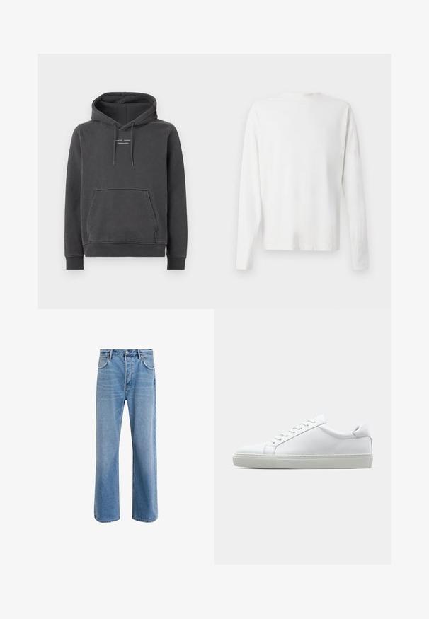 Sudadera gris de tejido suave, con un bolsillo frontal, capucha con cordón y logotipo en texto blanco en el pecho. Puños y dobladillo de canalé.; Camisa de algodón blanca de manga larga con cuello redondo, aberturas laterales en la parte inferior y una textura suave, exhibida desde la parte de atrás.; Jeans de mezclilla azul claro con un diseño de pierna recta, cinco bolsillos, cierre de botón, ligeramente desgastados y detalles de costura en contraste.; Zapatilla blanca con parte superior de cuero liso y perfil bajo. Presenta una puntera redondeada, seis ojales y una suela de goma texturizada.