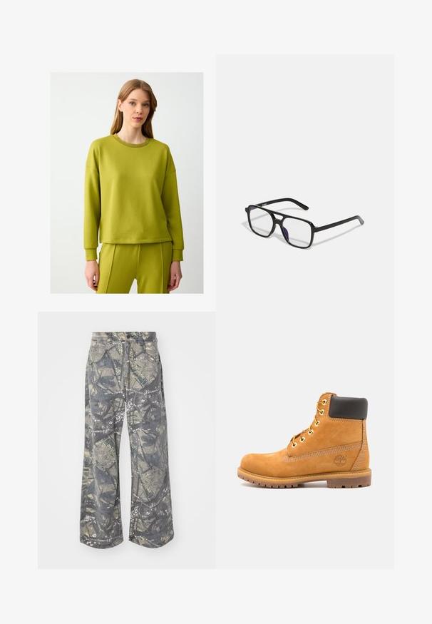 Limegroene sweatshirt van zachte stof met een ronde halslijn, ribbelaccent op de kraag en een relaxte pasvorm. Gecombineerd met bijpassende sweatpants.; Camouflage-gepatroniseerde wijde broek in grijs en aardetinten, gemaakt van duurzaam materiaal, met een knoopsluiting en een klassieke vijf-pocketstijl.; Bruine leren enkelboot met zwarte voering, gouden oogjes en een gestructureerde zool. Kenmerkt zich door een cirkelvormig logo aan de zijkant en stikselaccenten.; Zwarte rechthoekige brillen met heldere lenzen en een subtiele paarse tint, met slanke armen en een minimalistisch ontwerp.