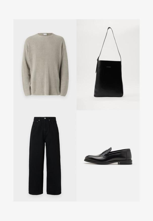 Filippa K RELAXED SWEATER - Jumper - moss grey; Black wide-leg pants made of cotton, featuring a high waist, front pockets, silver-tone button, and clean hemline.; Black leather loafers with a smooth texture, rounded toe, and a decorative strap across the vamp. Low stacked heel, minimalist design.; Black leather shoulder bag with a smooth texture, rectangular shape, and a long strap; features a small white logo at the center.