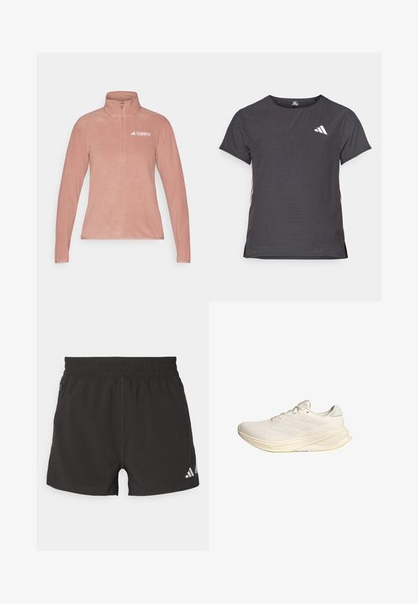 adidas Terrex Flīsa džemperis - warm clay; Īsām piedurkņu sporta T-krekls, tumši pelēks ar perforētu tekstūru. Iespējots ar baltu logotipu un kontrastējošām sānu svītrām. Apaļa kakla izgriezums.; Melnas sporta šortus, kas izgatavoti no viegla auduma. Iespējas ietver elastīgu jostasvietu, sānu rāvējslēdzēja kabatu un atstarotāju logotipu apakšmalā.; Gaišbeidzis sporta apavi ar sieta augšējo daļu, plakaniem šņorēm un mīkstu zoli. Iekļauj trīs svītru dizainu sānu pusē.