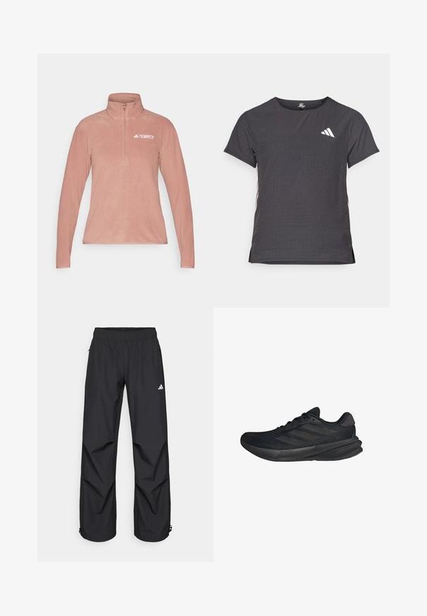 adidas Terrex Felpa in pile - warm clay; T-shirt atletico a maniche corte, grigio scuro con texture perforata. Presenta un logo bianco e strisce laterali a contrasto. Girocollo.; Pantaloni neri, leggeri, impermeabili, con vita elasticizzata, tasche laterali e polsini regolabili. Presentano un logo bianco sulla coscia sinistra.; Scarpe sportive nere con tomaia in rete, forma aerodinamica, suola piatta e tre strisce diagonali sui lati. Design leggero per il massimo comfort.