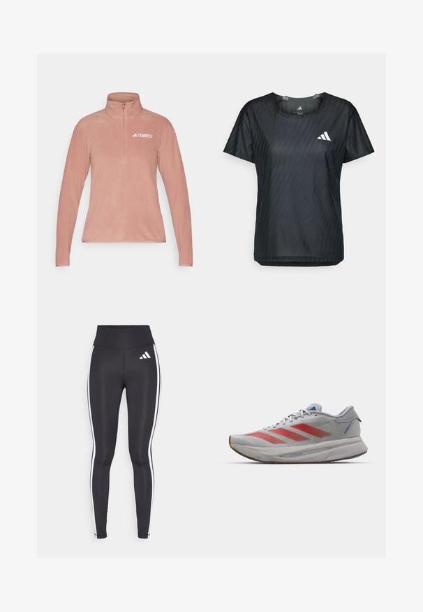 adidas Terrex Fleecová mikina - warm clay; Černé sportovní tričko s kulatým výstřihem, krátkými rukávy a texturovanou tkaninou s jemným vzorem. Na přední straně s bílým logem.; Černé legíny s vysokým pasem, které mají bílé boční pruhy a malé bílé logo na horní levé stehně. Vyrobeny z hladkého, elastického materiálu.; Lehká běžecká obuv s šedou síťovinou, červenými pruhy a bílou mezipodešví. Obsahuje gumovou podrážku pro lepší trakci.