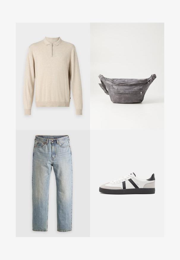 bézs színű, hosszú ujjú pulóver, galléros nyakkivágással és cipzáras záródással. Puha anyagból készült, bordás mandzsettákkal és aljal.; Világoskék farmernadrág magas derékkal, elülső gombbal, cipzárral és öt zsebbel, sima háttérre fektetve.; Fehér sneaker fekete és szürke részletekkel, textúrált szürke orr résszel, fekete gumitalppal és lapos fehér fűzőkkel. Tiszta dizájn, minimalista stílus.; Szürke velúr övtáska kerek formával, két cipzáras rekesszel és állítható pánttal. Fém dekorációval rendelkezik.