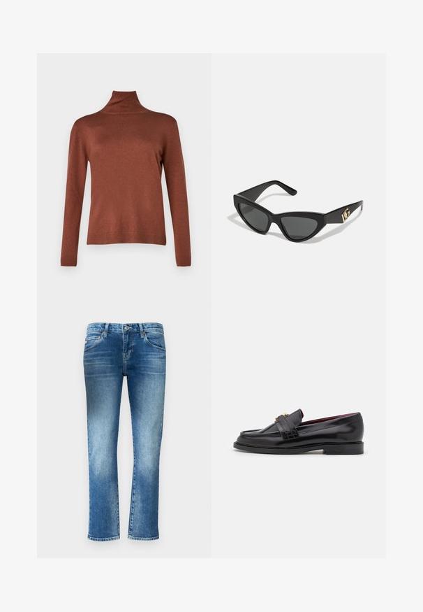 WEEKEND MaxMara KIKU - Pulóver - cuoio; Világoskék farmernadrág, egyenes szárú kialakítással, finom kopással és közepes derékszabással. Öt zsebe és övhurkai vannak.; Fekete bőr loaferek varrott mintával, sima textúrával, arany csattal és kerek orral, alacsony fekete talpon.; Macska szemformájú napszemüveg matt fekete műanyag kerettel, sötét lencsékkel és arany logóval a szárán. Szögletes kialakítás és sima felület.