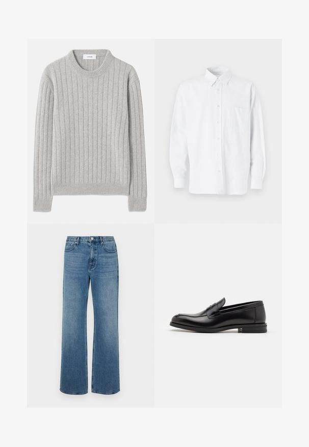 Szary, prążkowany sweter z okrągłym dekoltem, wykonany z miękkiego materiału, charakteryzujący się pionowymi wzorami splotu oraz prążkowanymi mankietami i dolnym wykończeniem.; Biała koszula z długim rękawem i kołnierzykiem, z delikatnymi pionowymi paskami, kieszonką na piersi oraz klasycznie zaokrąglonym hemem.; Szerokie niebieskie dżinsy wykonane z denimu o wyblakłym wykończeniu. Posiadają pięć kieszeni, zapięcie na guzik z przodu oraz prosty krój.; Czarne skórzane mokasyny o gładkiej fakturze, zaokrąglonym nosku i dekoracyjnym pasku na przodzie. Niski, warstwowy obcas, minimalistyczny design.