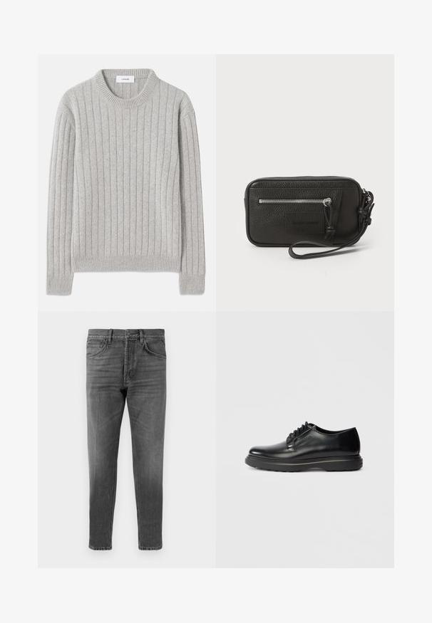 Pilkas raštuotas megztinis su apvaliomis iškirpėmis, pagamintas iš minkštos medžiagos, pasižymintis vertikaliais siūlų raštais ir raštuotais rankogaliais bei apatine dalimi.; Pilki džinsai su tiesiu kirpimu, pasižymintys klasikinio penkių kišenių dizainu ir subtiliu nusidėvėjimu. Sagtys ir užtrauktukas juosmens srityje.; Juodas odinis batų modelis Oxford su storu padu ir įspaudu "WATERMAN" šone, pavaizduotas profiliu ant šviesiai pilko fono.; Juodas odinis delninukas su tekstūruotu paviršiumi, priekinė užtrauktuko kišenė ir nuimama riešo juosta. Priekyje yra logotipo etiketas. Stačiakampio formos.