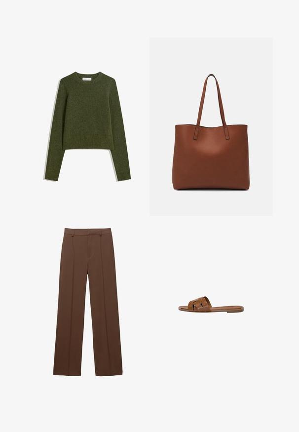 Olíva zöld, rövidített pulóver hosszú ujjal, puha anyagból készült. Bordás nyakkivágással és aljúval rendelkezik. Az egész felülete texturált.; Barna, széles szárú nadrág sima anyagból; elöl fodros pleat-el és lapos derékkal, amelyhez övlyukak tartoznak.; Barna bőr csúszó szandál keresztezett pántokkal, lapos talppal és sima textúrával. Egyszerű design díszítések vagy minták nélkül.; Barna bőr vászontáska sima textúrával, nyitott tetejű dizájnnal és két vállpánttal. Minimális varrással és látható hardver nélkül készült.