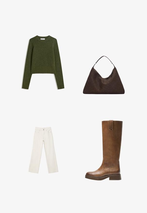 Olivgrön kort tröja med långa ärmar, tillverkad av mjukt material. Har en ribbad halsringning och nederkant. Texturerad yta genom hela plagget.; Vita vida jeans i denim med hög midja, framfickor och knäppning. Rent design med minimala detaljer.; Bruna läderknähöga stövlar med rund tå, texturerad yta och en staplad låg klack. Har en sidopanel och ett dragöglan högst upp.; Brun vävd läderhandväska med en slapp, triangulär form. Har ett flätat handtag och en dragkedjestängning längs toppen.