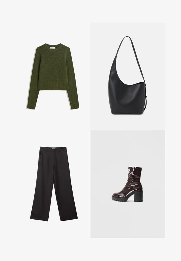 Olivově zelený cropped svetr s dlouhými rukávy, vyrobený z měkkého materiálu. Má ribbovanou jemnou výstřih a lem. S texturovaným povrchem po celé délce.; Černé široké kalhoty vyrobené z hladké tkaniny, s předním zipem a dvěma bočními kapsami, s dobře padnoucím střihem a minimalistickým designem.; Lesklá bordó kotníková bota s masivním černým podpatkem, se hladkým povrchem a jednoduchým designem. Žádné viditelné zapínání ani vzory.; Černá kožená hobo taška s hladkým povrchem, zakřiveným tvarem a jedním nastavitelným popruhem; má široké otevírání nahoře.