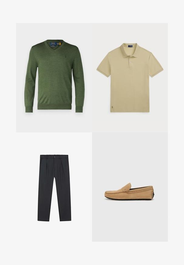 Polo Ralph Lauren SLIM FIT WASHABLE WOOL V-NECK JUMPER - Stickad tröja - classic olive heather; Beige pikétröja, kort ärm, bomullstyg, knäppning med tre knappar, ribbad krage, broderad logotyp i nedre vänstra hörnet.; Svarta byxor med raka ben i lätt tyg, med knappstängning, veckad fram och sidofickor. Slät textur över hela ytan.; Beige mockasiner i mocka med sydd tå, slip-on design och svart gummisula. Har subtil varumärkning på sidan.