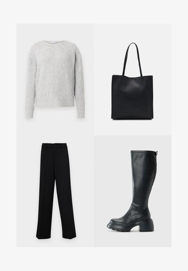 Gai pelēks džemperis ar kabelīšu adījuma rakstu, apaļu izgriezumu un garām piedurknēm. Izgatavots no mīkstas, teksturētas auduma.; Melnas platajās bikses, kas izgatavotas no gludas auduma, ar klasisku jostu un pogu aizdari, kā arī priekšējām kroku detalizācijām.; Augstas melnas ādas zābakus ar masīvu platformu un bloka papēdi, ar vilkšanas cilpu un strukturētu profilu uz ārējā zoles.; Melnas ādas somiņa ar gludu tekstūru, taisnstūra formu un divām garām rokturiem. Nav redzamu aparatūras vai rotājumu.