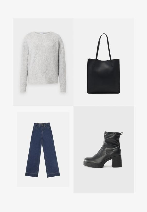Světle šedý svetr s pleteným vzorem, kulatým výstřihem a dlouhými rukávy. Vyrobený z měkkého, texturovaného materiálu.; Džíny s širokými nohavicemi v tmavě modrém denimovém provedení. Disponují pěti kapsami, poutky na opasek a surovým lemem na spodní straně s viditelnými detailem šití.; Černé kotníkové boty vyrobené z hladké kůže, s bočním zipem, robustním strukturovaným podpatkem a kulatou špičkou.; Černá kožená taška přes rameno s hladkým povrchem, obdélníkovým tvarem a dvěma dlouhými uchy. Žádné viditelné kování ani ozdoby.