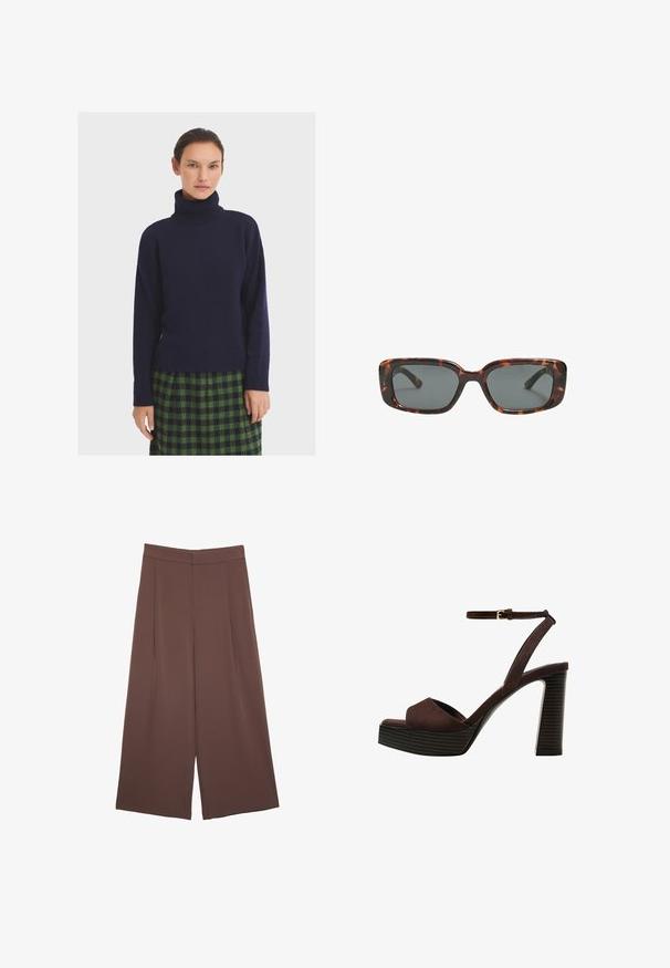 Tmavě námořnický rolák vyrobený z jemného pleteného materiálu, s dlouhými rukávy a vroubkovanými manžetami, v kombinaci se zelenou kostkovanou sukní.; Hnědé široké kalhoty s hladkou texturou, vysokým pasem a předními záhyby. Materiál je lehký a volně splývá.; Hnědé semišové sandály na vysokém podpatku s otevřenou špičkou, nastavitelným páskem kolem kotníku a proužkovou platformou.; Sluneční brýle ve stylu želvoviny s obdélníkovými čočkami, silnými rámy a tmavými zbarvenými čočkami. Hladký povrch a minimalistický design.