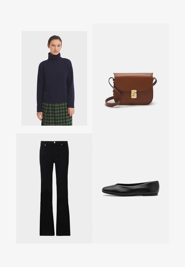 Dunkelblauer Rollkragenpullover aus weichem Strickmaterial mit langen Ärmeln und gerippten Bündchen, kombiniert mit einem grün karierten Rock.; Schwarze, ausgestellte Jeans aus Denim, ausgestattet mit zwei Fronttaschen, einem Knopfverschluss und einer glatten Oberfläche. Signatur-Nähte an den Nähten sichtbar.; Paul Smith TOPANGA - Klassischer Ballerina - black; Braune Ledertasche mit Klappenverschluss, Beschlägen in Goldfarbe, einem Schultergurt und einer glatten Oberfläche. Kompakte rechteckige Form.