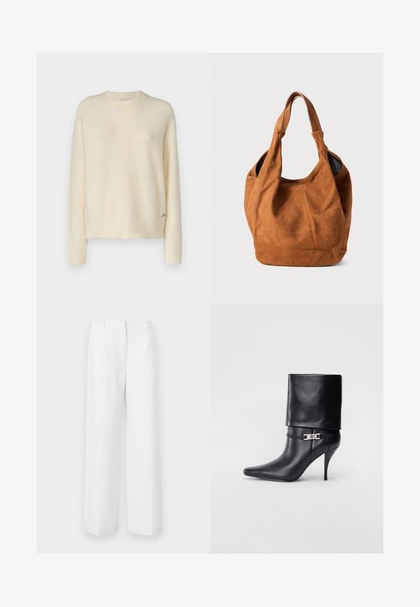 Kremasta pulover iz mehkega, strukturiranega blaga s krojnim ovratnikom, rebrastimi manšetami in robom. Ima majhen detajl logotipa na strani.; Bele hlače širokih nogavic z gladko teksturo, s ploskim sprednjim delom in pregibanimi linijami. Narejene iz lahkotnega materiala, brez vidnih vzorcev.; Črne usnjene gležnjarje z ostrim nosom, visokim stiletto peto, zavihanim robom in zlatim okrasnim zaponko na gležnju.; Rjava semiš torba za ramo z mehkobo, ukrivljeno obliko in dvema ročajema. Ima minimalen dizajn brez vidnih kovinskih delov ali okrasnih elementov.