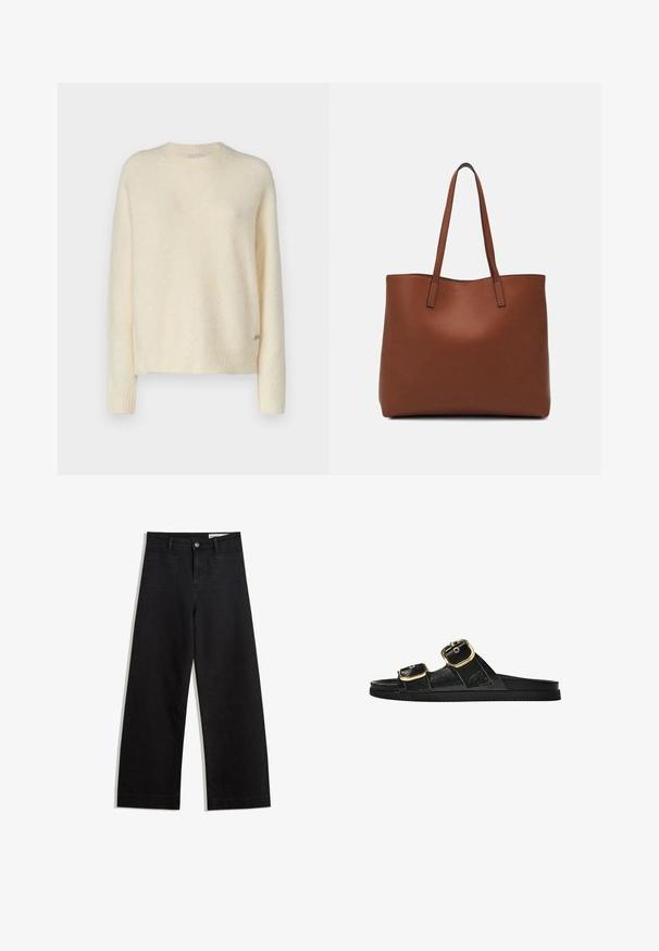 Cremfarbener Pullover aus weichem, strukturiertem Stoff mit rundem Halsausschnitt, gerippten Bündchen und Saum. Mit einem kleinen Logo-Detail an der Seite.; Schwarze weit geschnittene Jeans mit hoher Taille, ausgestattet mit Vorder- und Hintertaschen, gesteppten Nähten und einem Knopfverschluss. Glatte Textur.; Schwarze Riemensandale mit zwei goldenen Schnallendetails, glattem Material, flachem Sohlen und minimalistischer Gestaltung.; Braune Leder-Tote mit glatter Textur, offenem Oberteil und zwei Schulterriemen. Verfügt über minimale Nähte und keine sichtbaren Beschläge.