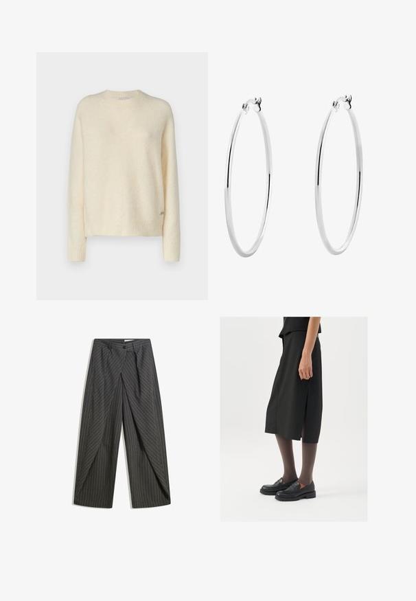 Krémový svetr vyrobený z měkkého texturovaného materiálu s kulatým výstřihem, žebrovanými manžetami a zakončením. Obsahuje malou logo dekoraci na boku.; Šedé pruhované kalhoty s volným střihem, s jednoduchým zapínáním na knoflík, záhyby a širokým nohavicím designem.; Černá sukně ke kolenům s bočním rozparkem, v kombinaci s černými loafers a průhlednými hnědými punčochami, vyrobená z hladkého materiálu a s jednoduchým designem.; Stříbrné kruhové náušnice s hladkým, leštěným povrchem a tenkým, kruhovým tvarem. Design obsahuje bezpečné zapínání.