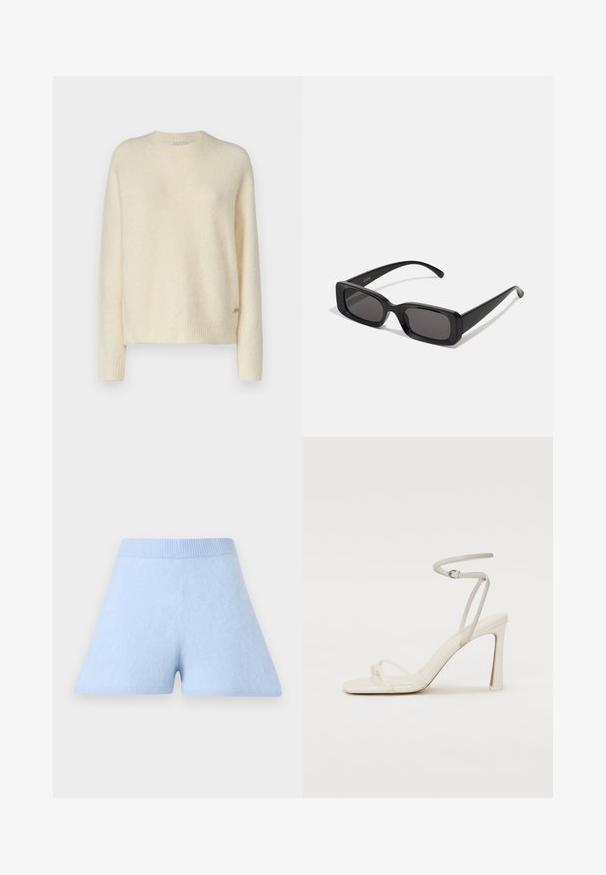 Kremasta pulover iz mehkega, strukturiranega blaga s krojnim ovratnikom, rebrastimi manšetami in robom. Ima majhen detajl logotipa na strani.; Svetlo modri priložnostni šortsi iz mehkega materiala z rebrastim pasom. Imajo razširjeno obliko in gladko, enotno teksturo.; Bele sandale s peto na visokom potplatu, s tankim remenom oko gležnja i dva prednja remena. Glatka kožna tekstura s kvadratnim nosom i sjajnim potplatom.; Črne pravokotne sončna očala z temnimi lečami, sijajna površina, široka ročaja in masiven okvir. Vgravirano ime blagovne znamke na eni ročaji.