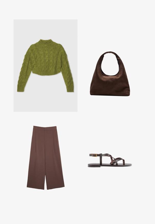 Grüner Kabelstrick-verkürzter Pullover mit langen Ärmeln und hohem Kragen. Aus weichem Stoff gefertigt, mit geripptem Saum und strukturiertem Muster.; Braune Weite-Leg-Hosen mit einer glatten Textur, hoher Taille und Vorderfalten. Der Stoff ist leicht und fällt locker.; Braune Leder-Sandale mit überkreuzten Riemen, einem Knöchelriemen mit Schnalle und einer flachen Sohle mit minimalen Nähdetails.; Weiche braune Hobo-Stil Handtasche mit einem einzigen breiten Trageriemen und einer geschwungenen Oberteilöffnung, auf einem weißen Hintergrund präsentiert.