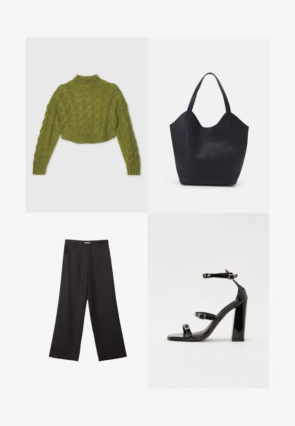 Maglione corto a treccia verde con maniche lunghe e collo alto. Realizzato in un tessuto morbido, presenta un orlo a coste e un motivo testurizzato.; Pantaloni neri a gamba larga realizzati in tessuto liscio, con zip frontale e due tasche laterali, dal taglio sartoriale e design minimalista.; Sandali con tacco in vernice nera, con punta squadrata, cinturini alla caviglia e fibbie in argento. Presentano un tacco a blocco spesso per maggiore stabilità.; Borsa tote nera realizzata in pelle liscia, con una parte superiore curva e aperta, dotata di due manici per spalla e un design minimalista.