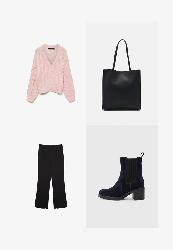 Vero Moda VMDREAM - Trui - rose shadow; Zwarte broek met een rechte pasvorm, voorzien van zijzakken en plooien aan de onderzijde. Gemaakt van zachte, gladde stof. Geschikt voor verschillende gelegenheden.; Marineblauwe suède enkellaars met elastische zijpaneel, ronde neus en blokhak. Gemêleerd weefsel en een gladde zool voegen contrast toe.; Zwarte leren handtas met een gladde textuur, rechthoekige vorm en twee lange handvaten. Geen zichtbare hardware of versieringen.
