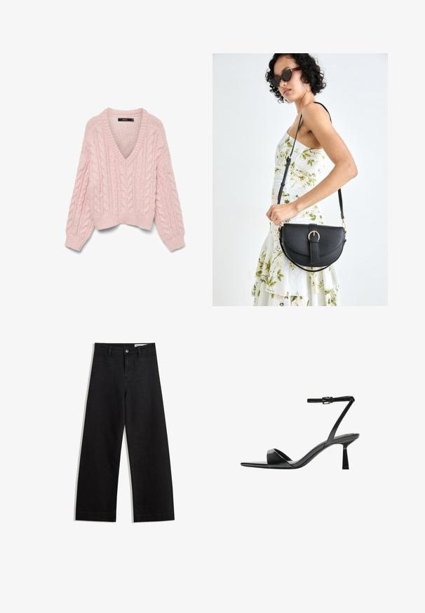 Vero Moda VMDREAM - Trui - rose shadow; Zwarte denim broek met wijde pijpen en een hoge taille, voorzien van voor- en achterzakken, gestikte naden en een knoopsluiting. Gladde textuur.; Bershka Sandalen met hoge hak - black; Zwarte leren handtas met een gebogen vorm, afneembare schouderband en gouden hardware. De tas heeft een klep met een gespsluiting.