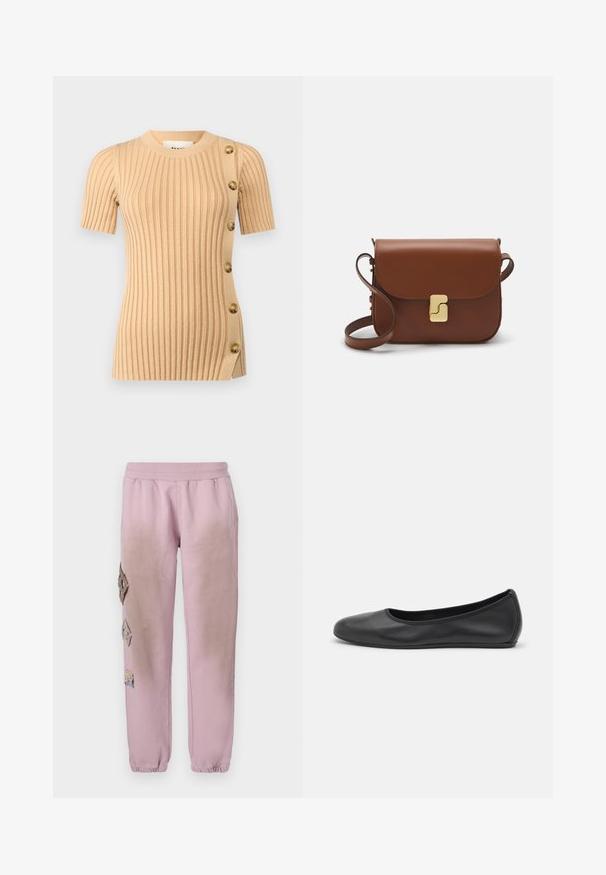Short-sleeve ribbed knit top in light beige, featuring button accents on the side and a fitted silhouette for a structured look.; Pink sweatpants with an elastic waistband, featuring decorative patches in diamond shapes on the left side and elastic cuffs at the ankles.; Black leather ballet flat with a rounded toe, smooth texture, minimal stitching detail, and a flexible sole design.; Brown leather handbag with a flap closure, gold-tone hardware, a shoulder strap, and a smooth texture. Compact rectangular shape.