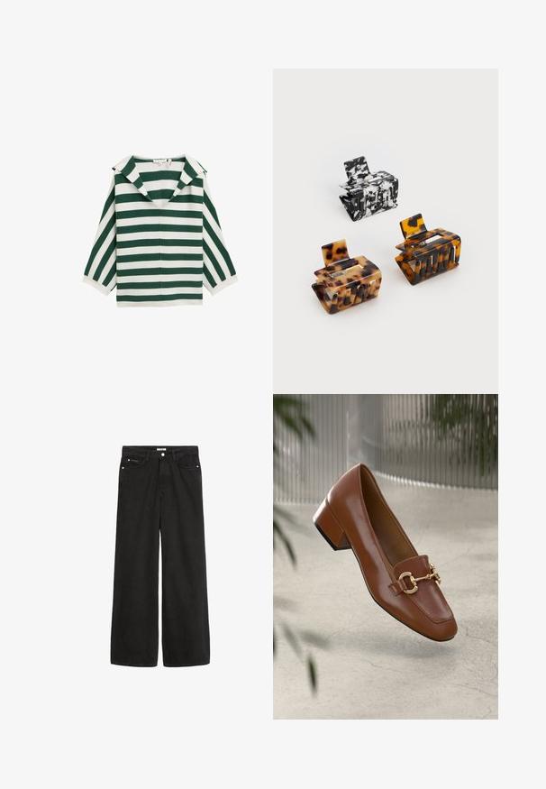 Haut rayé vert et blanc avec un grand col, décolleté en V et manches trois-quarts. Fabriqué en tissu léger avec une texture lisse.; Jean en denim noir à jambes larges avec une taille haute. Comprend cinq poches, des éléments en métal et une finition soignée. La texture est lisse et douce.; Mocassin en cuir verni marron avec un bout carré, accent de chaîne métallique et petit talon carré ; texture lisse, design minimaliste.; Trois pinces à cheveux : une marbrée noir et blanc, deux en écaille de tortue dans des nuances de marron et de noir, toutes en plastique brillant avec une finition texturée.