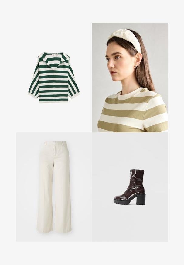 Haut rayé vert et blanc avec un grand col, décolleté en V et manches trois-quarts. Fabriqué en tissu léger avec une texture lisse.; Pantalons évasés de couleur beige clair, fabriqués dans un tissu lisse. Dotés d'une taille classique et d'un devant plat aux lignes épurées.; Bottines bordeaux brillantes à talon épais noir, avec une texture lisse et un design simple. Aucune fermeture visible ni motifs.; Un bandeau en créme rembourré avec un design torsadé, associé à une chemise rayée beige et blanche à col rond. Accent de bijoux discrets.